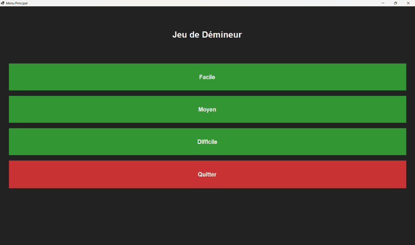Menu principal du Démineur