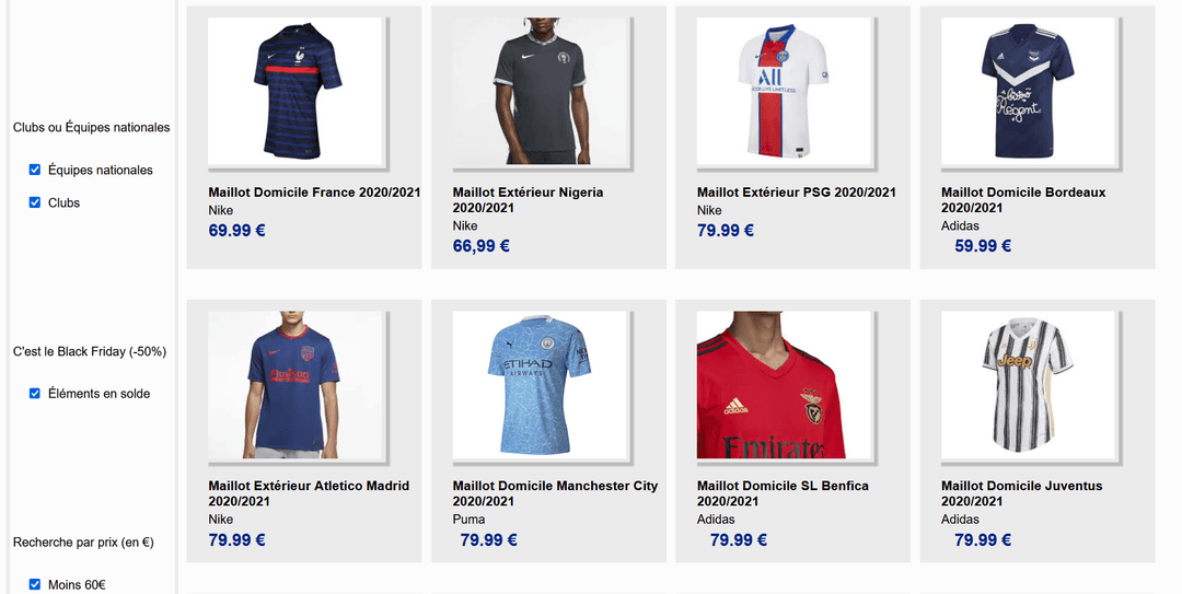 Page catalogue des maillots
