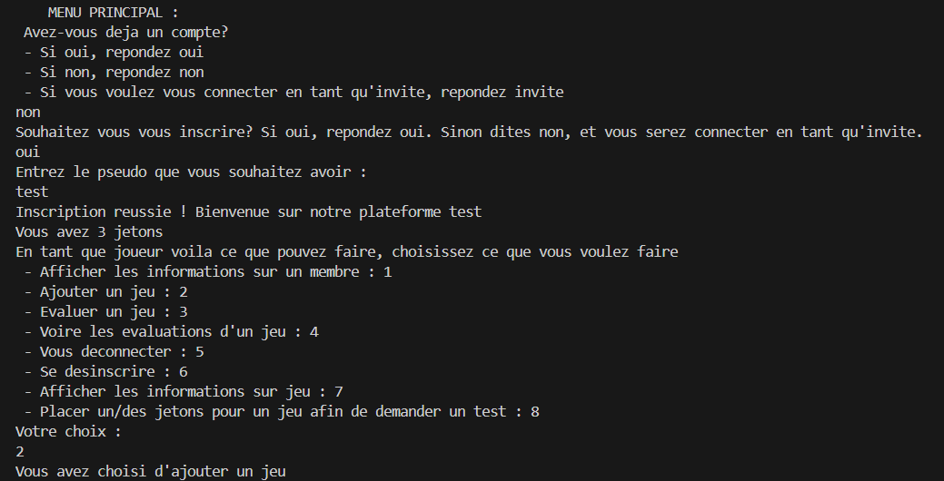Écran d'inscription et menu