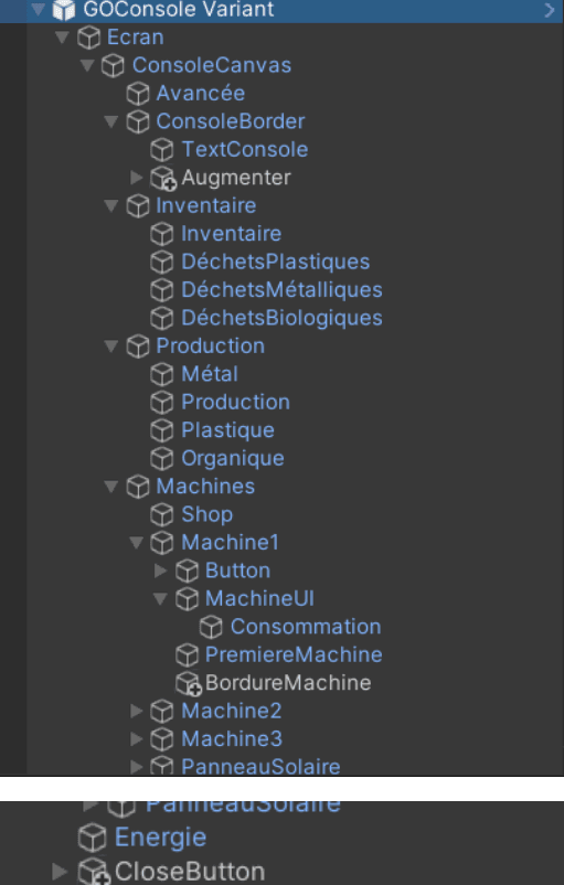 Hiérarchie des GameObjects de l'écran dans Unity